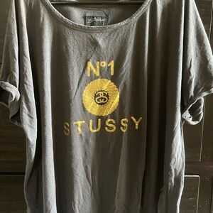 Stussy Charcoal Oversized Tee w/ Gold Metallic Logo like Gucci and Chanel large